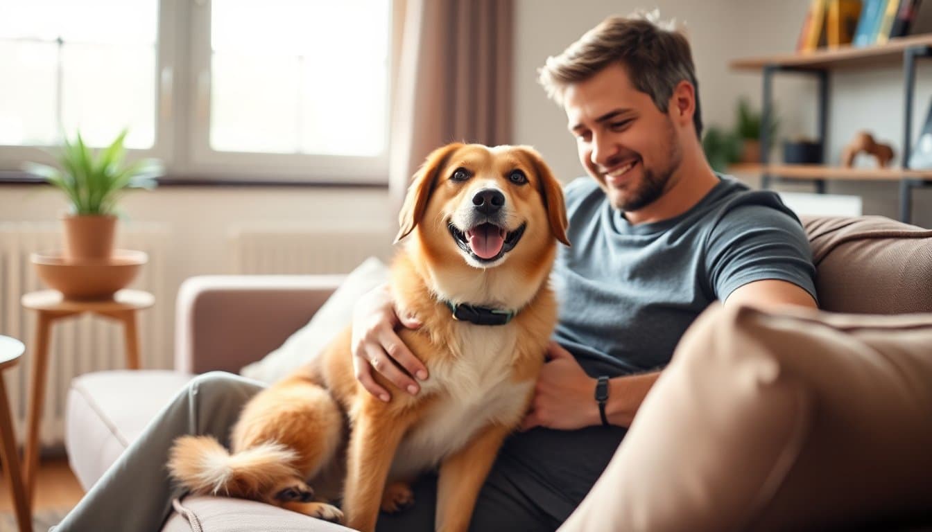 Chien complice avec son maître dans un salon