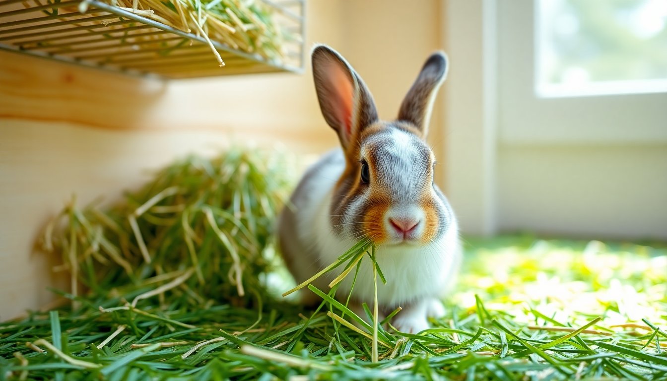 Lapin nain mangeant du foin au râtelier