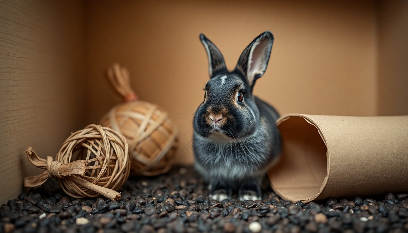 Lapin nain entouré de jouets en bois et d'un tunnel