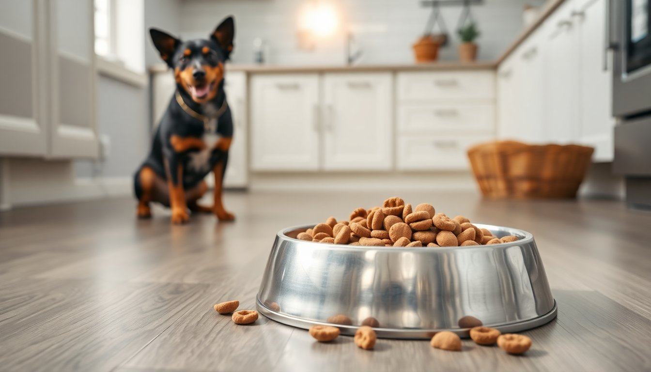 Gamelle de croquettes et chien attendant sa ration