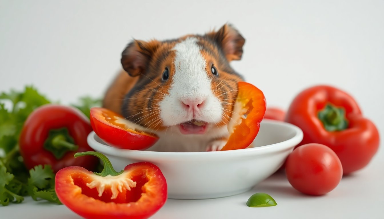 Cochon d'Inde mangeant du poivron rouge, riche en vitamine C
