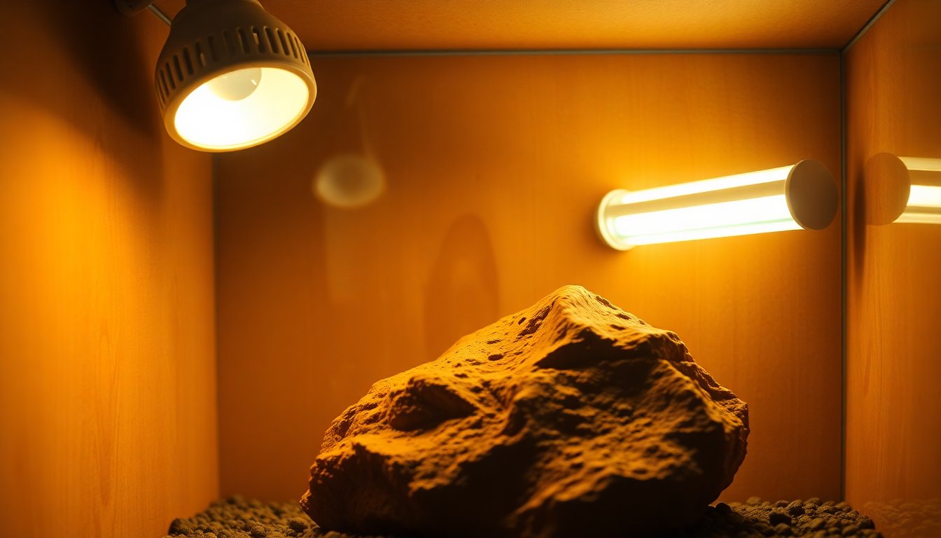 Intérieur de terrarium équipé d'une lampe chauffante et d'un tube UVB