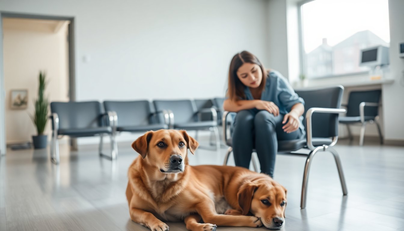 Propriétaire et son chien dans la salle d'attente d'une clinique vétérinaire