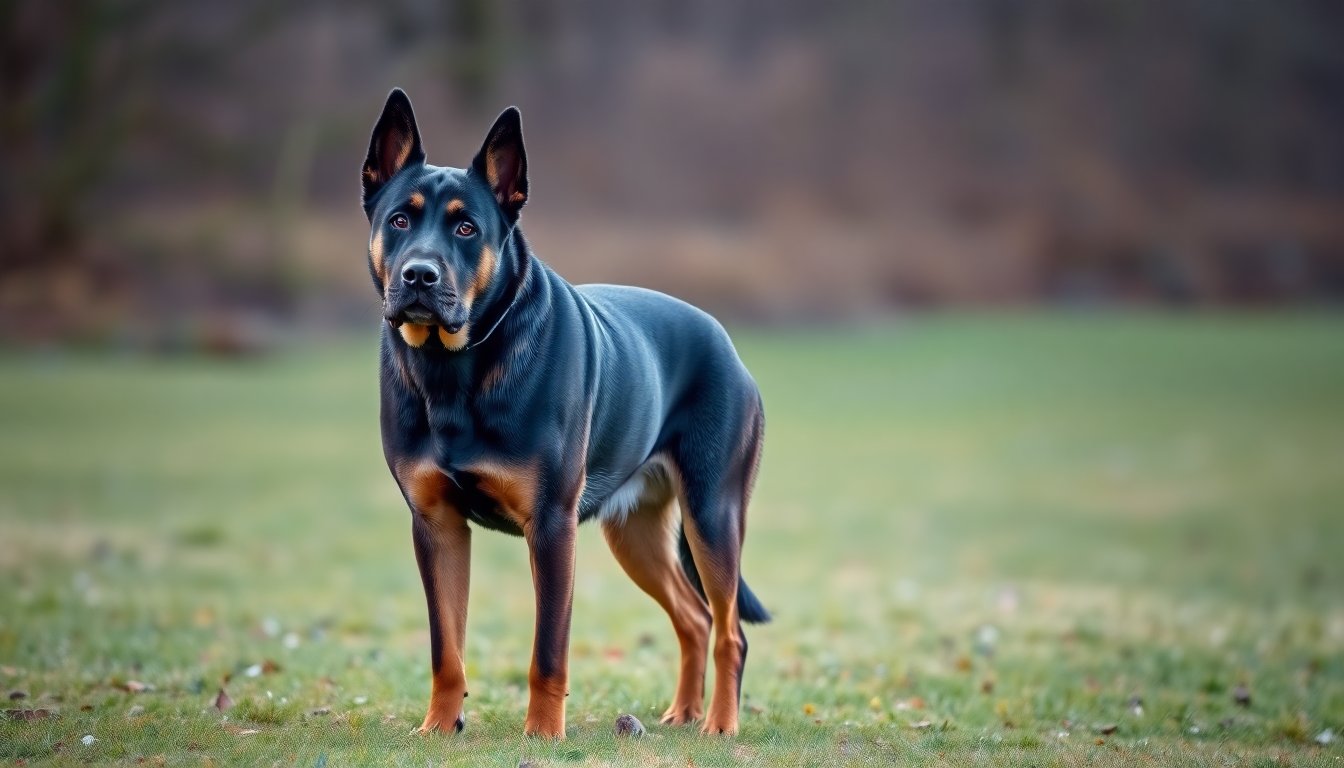 Chien croisé Berger Allemand et Beauceron debout sur un terrain
