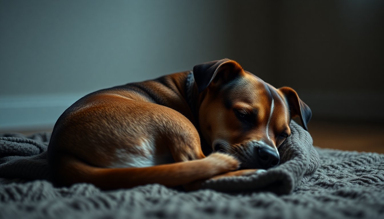 Chien recroquevillé sur une couverture, signes d'anxiété