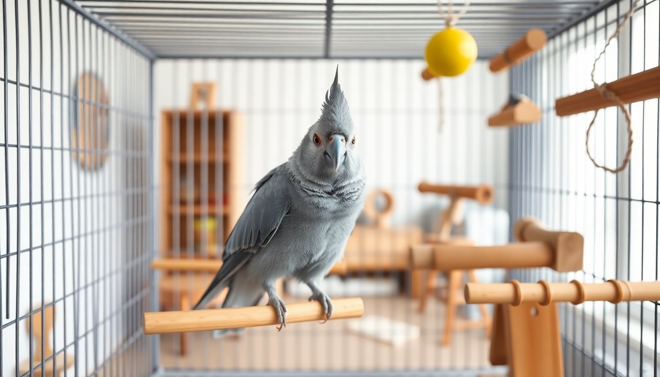 Calopsitte dans une cage aménagée avec perchoirs et jouets