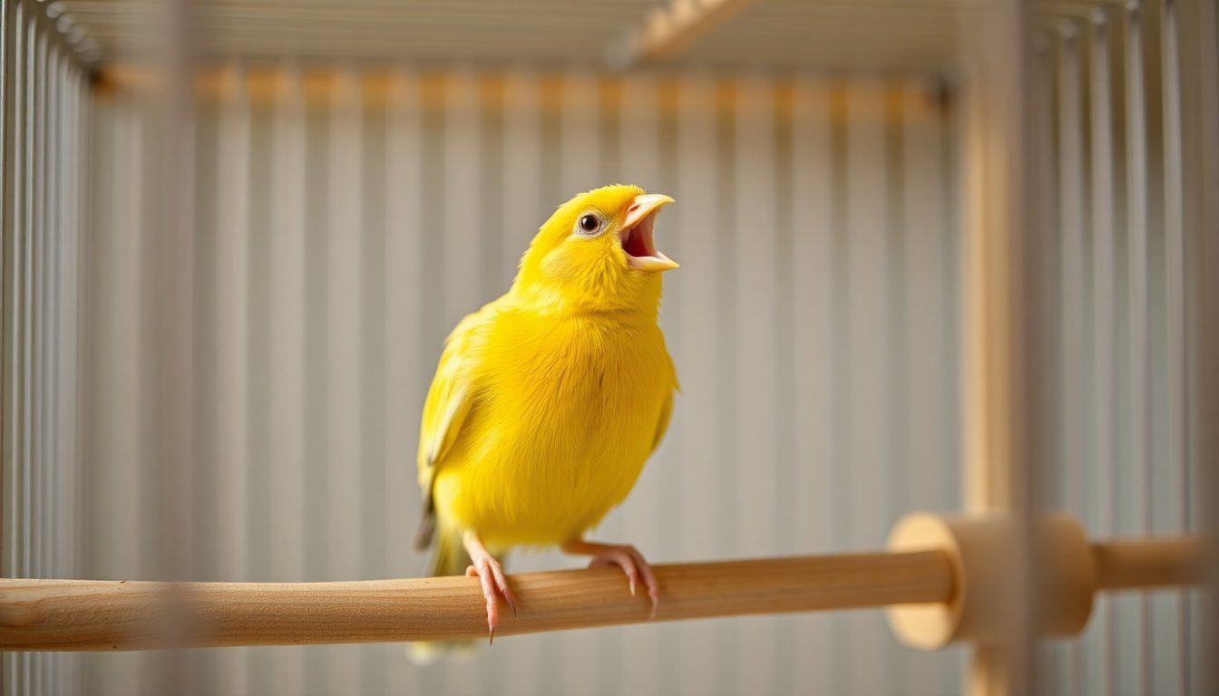 Canari mâle en train de chanter sur son perchoir