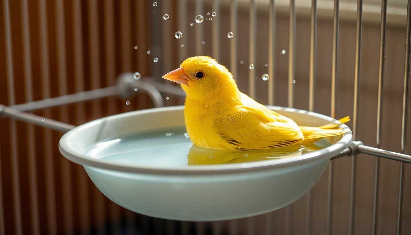 Canari se baignant dans sa baignoire de cage