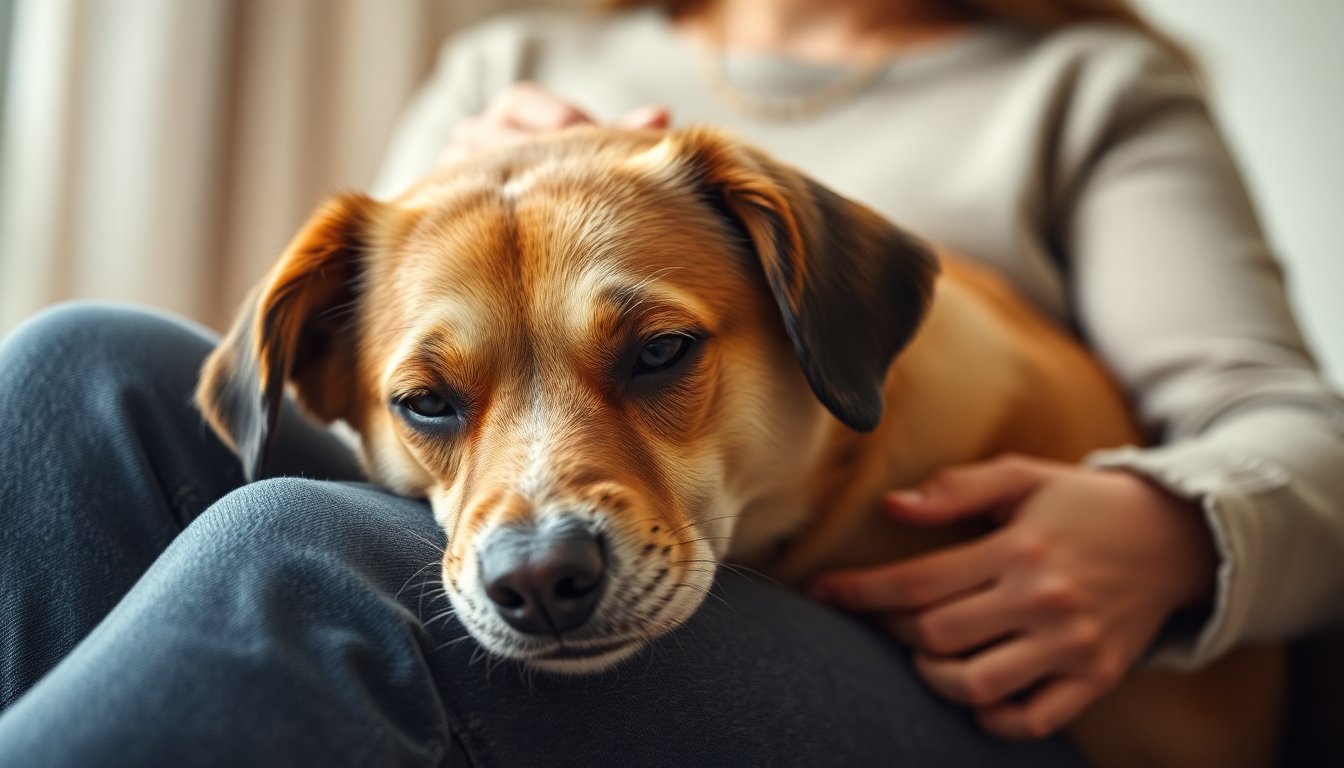 Chien posant sa tête sur les genoux de son maître