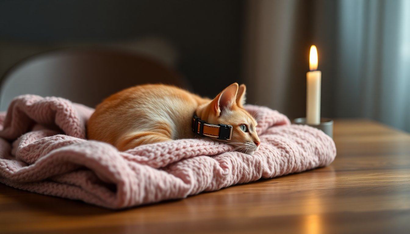 Collier de chat posé sur une couverture à côté d'une bougie