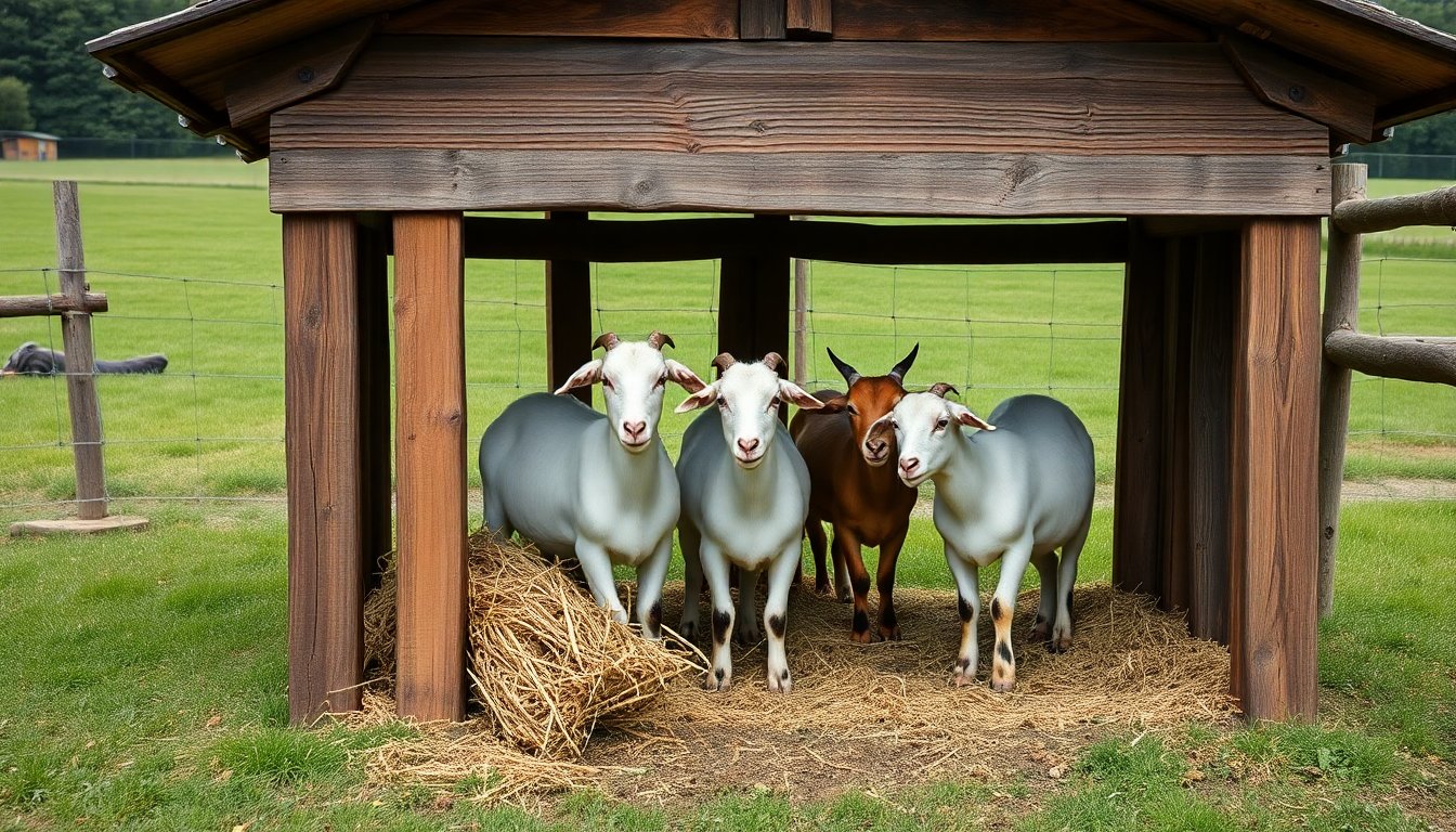 Abri en bois pour chèvres naines dans un enclos