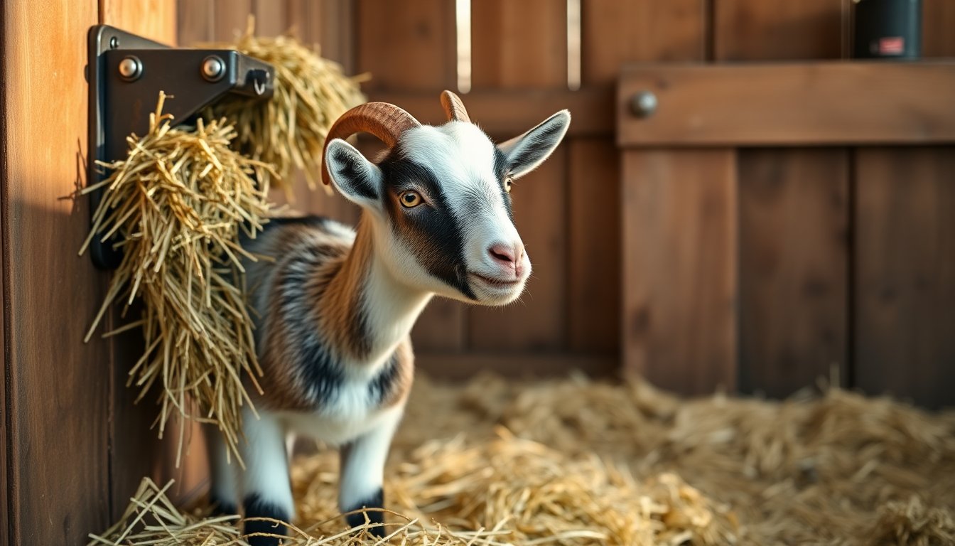 Chèvre naine mangeant du foin au râtelier