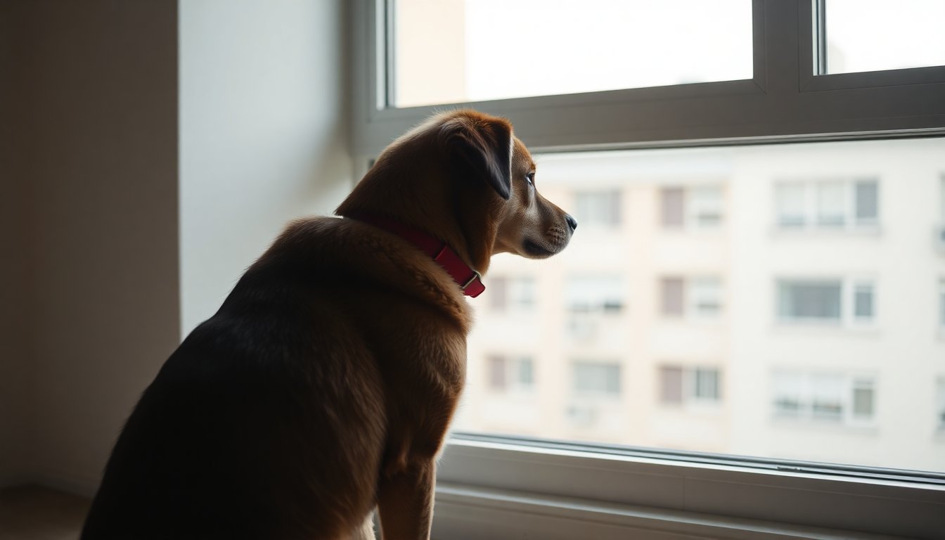 Chien seul devant la fenêtre attendant le retour de son maître