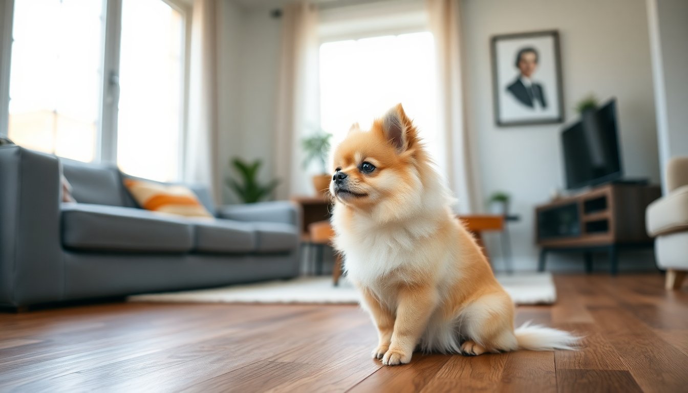 Spitz nain assis dans un salon
