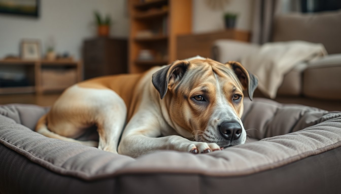 Chien âgé allongé sur un couchage orthopédique