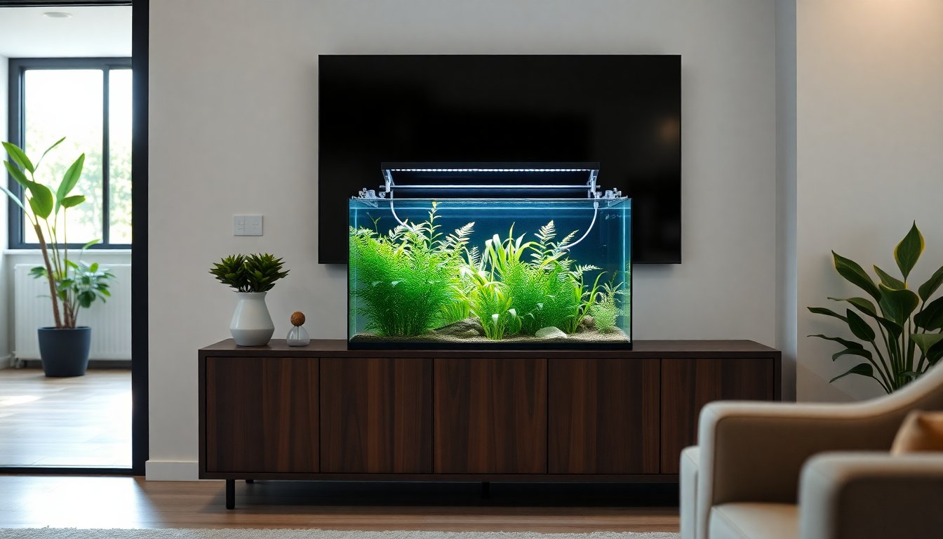 Petit aquarium tout-en-un installé dans un salon