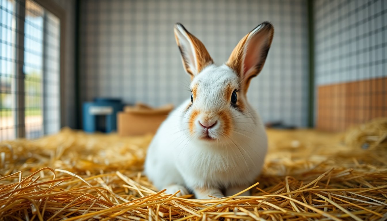 Lapin nain assis dans son enclos sur du foin