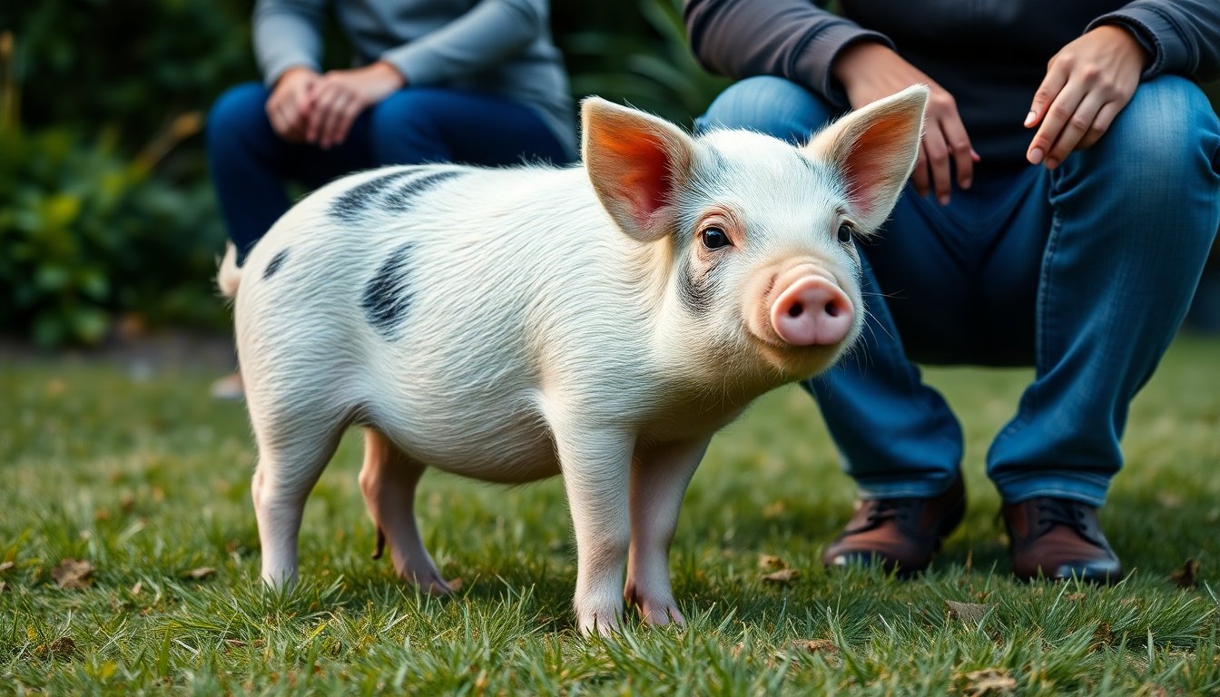 Cochon miniature adulte à côté d'une personne, pour l'échelle