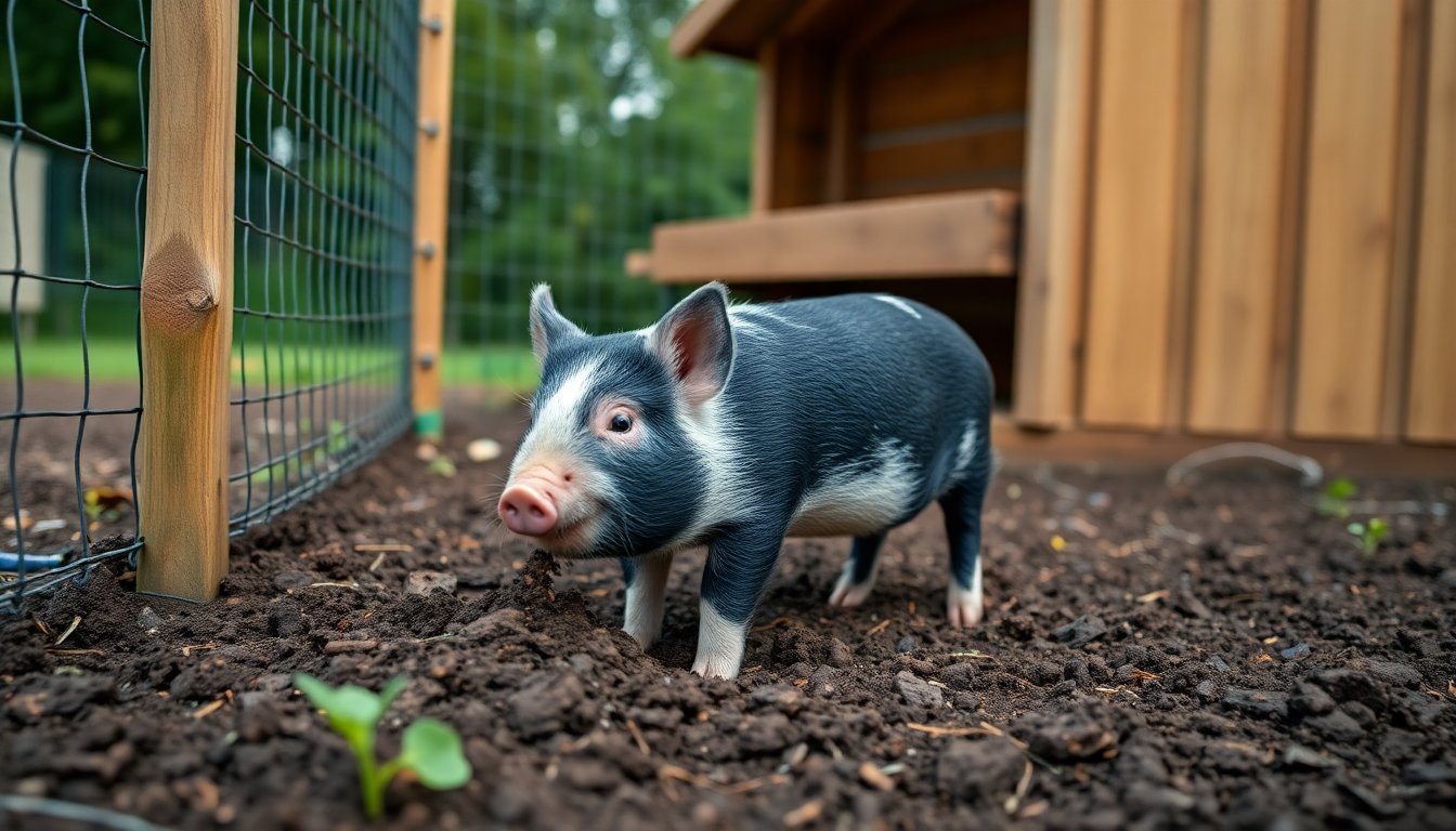 Cochon miniature dans son enclos extérieur avec abri