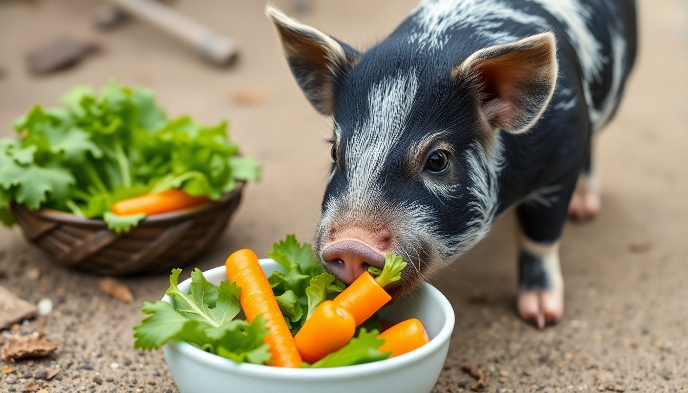 Cochon miniature mangeant des légumes frais