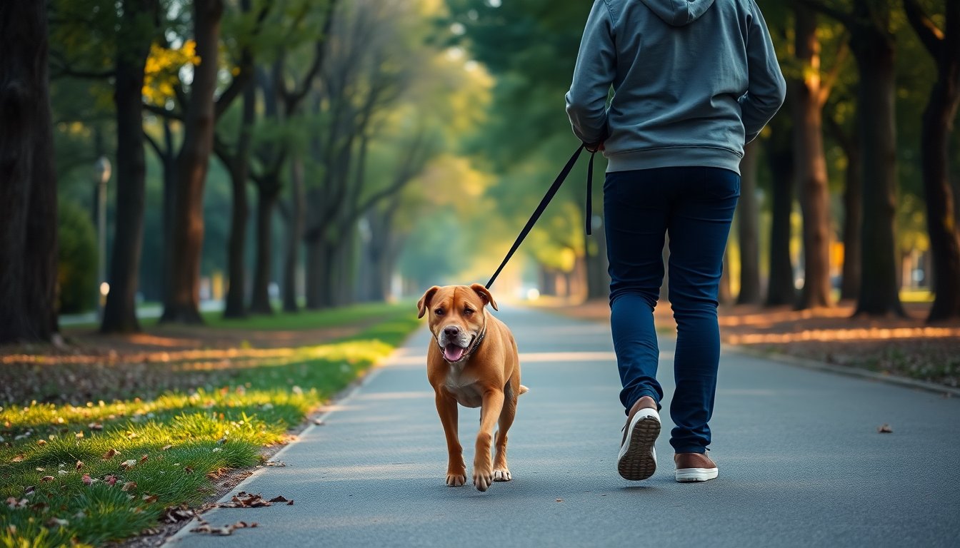Promenade quotidienne d'un chien en laisse dans un parc