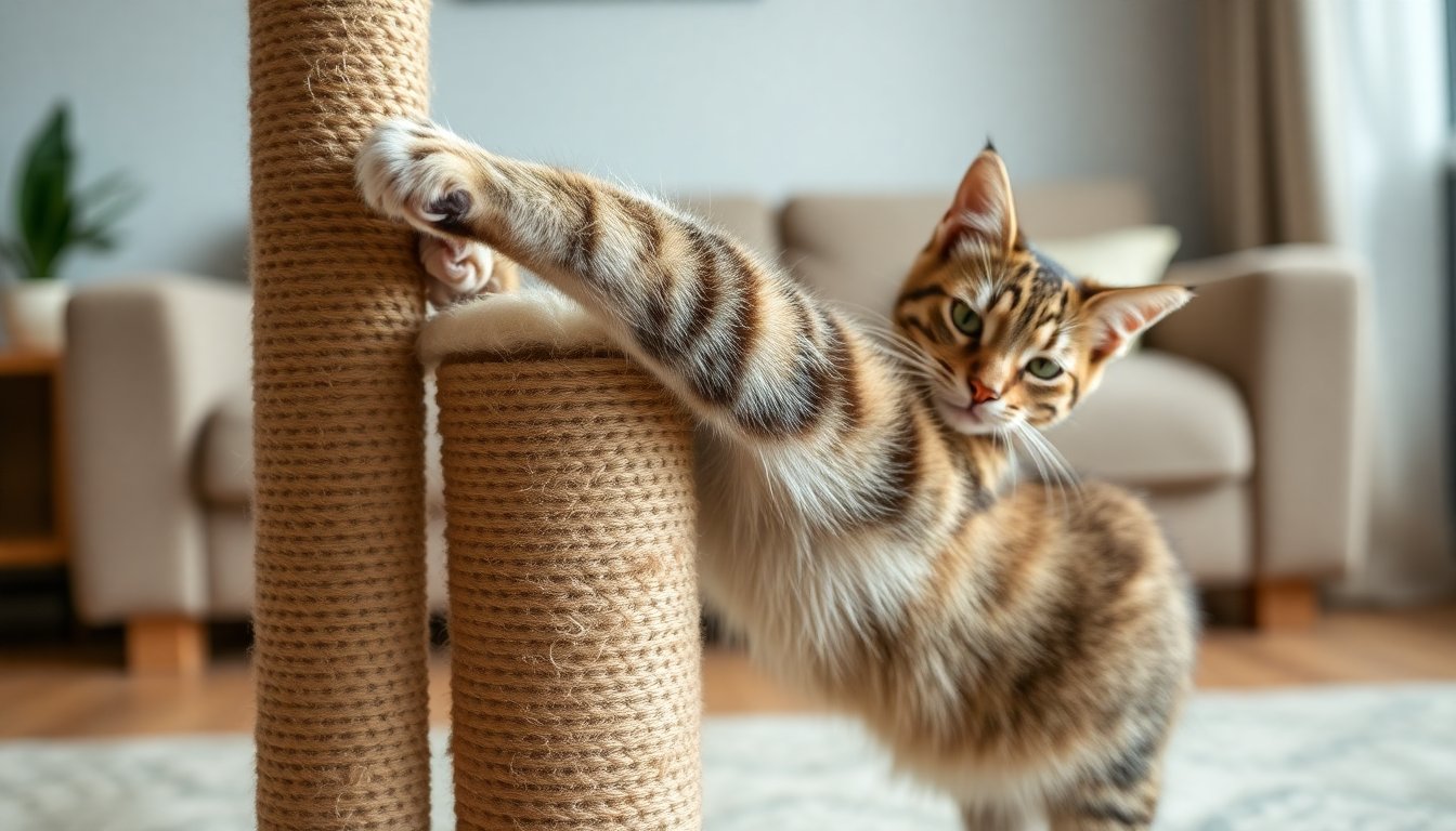 Chat faisant ses griffes sur un griffoir en sisal