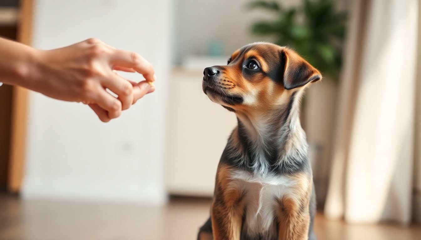 Chiot assis attendant une friandise pendant une séance de dressage