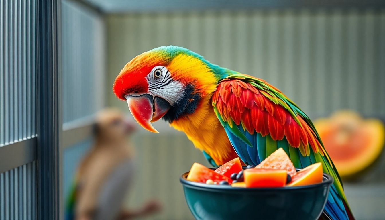 Perroquet mangeant des fruits frais et des graines