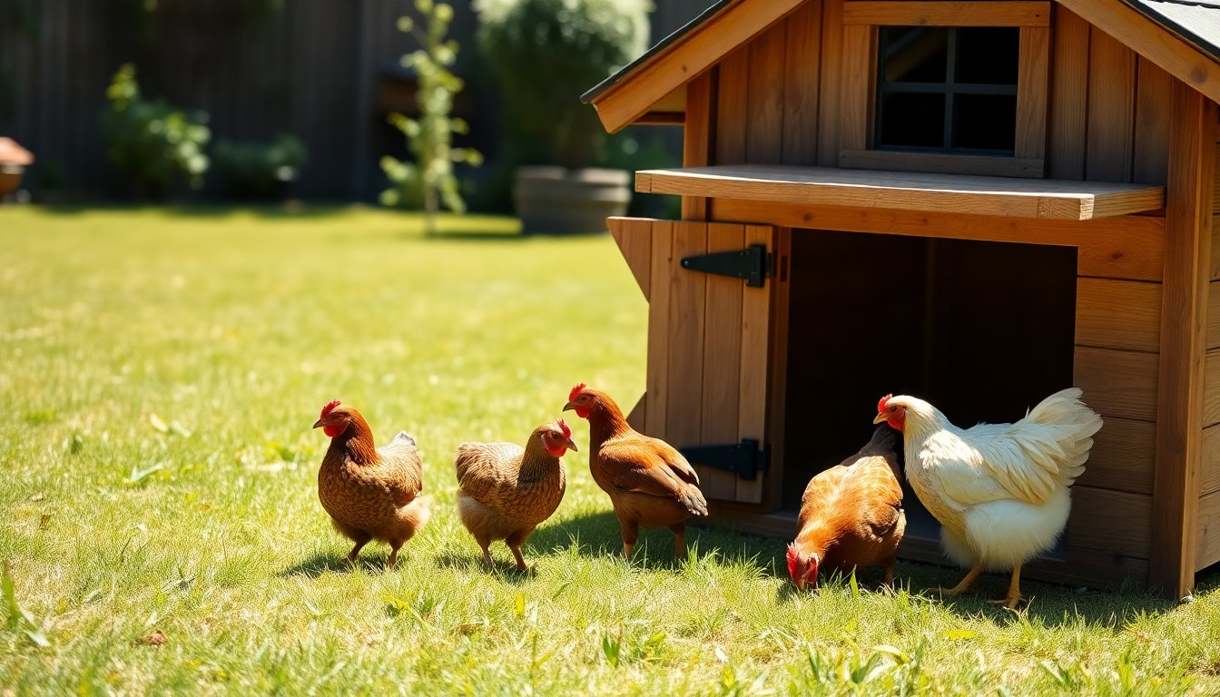 Poulailler en bois de jardin avec des poules en liberté