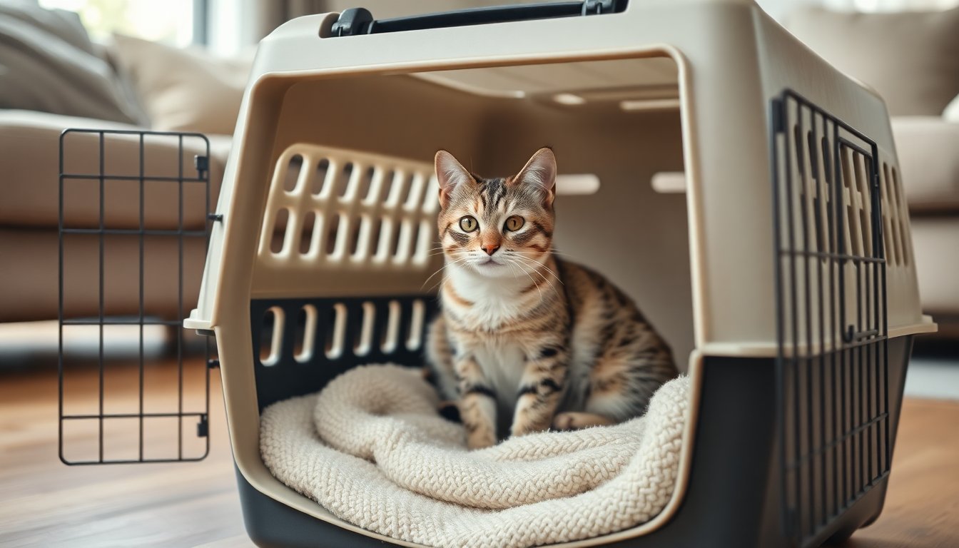 Chat installé dans sa caisse de transport ouverte