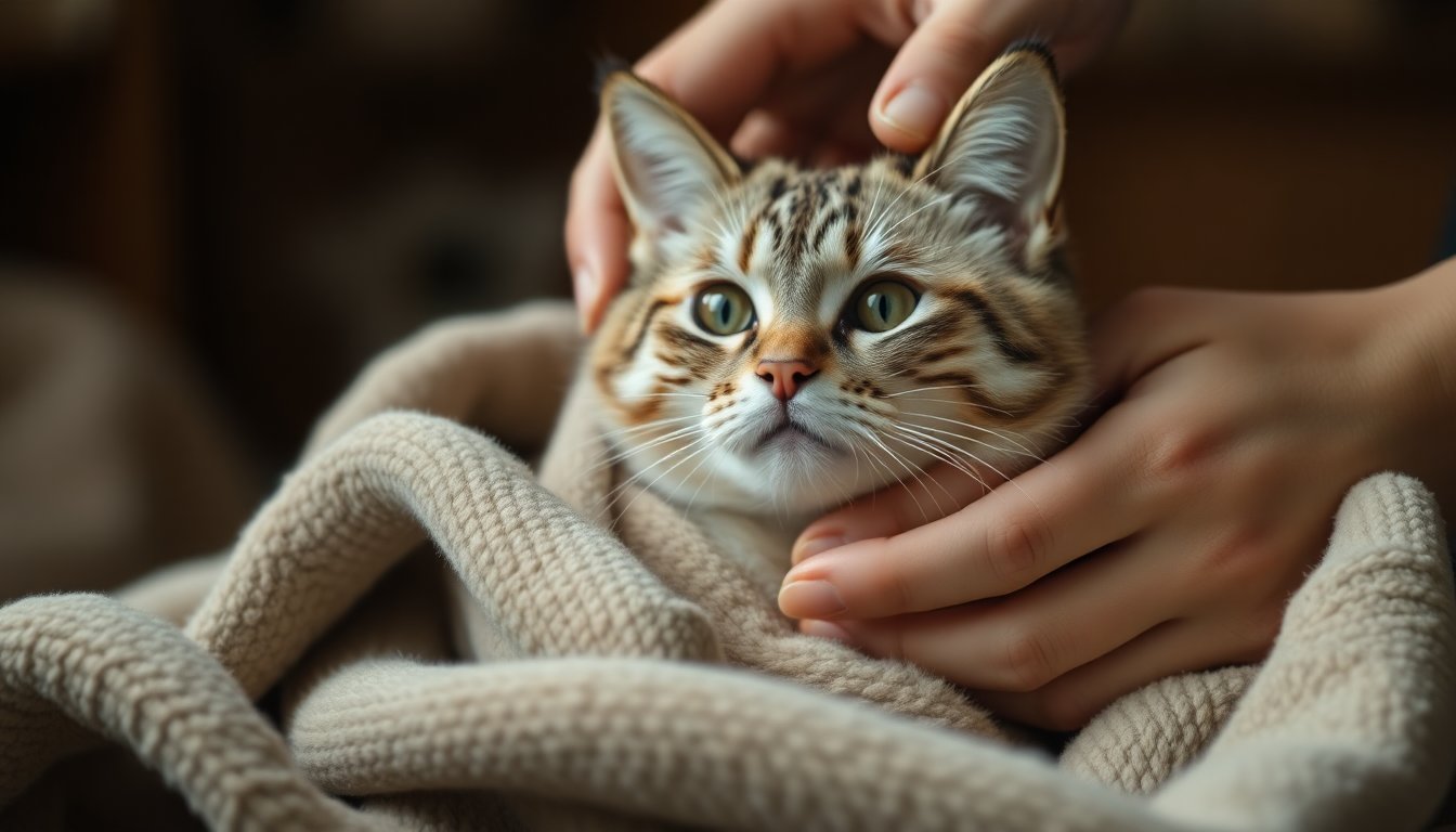 Chat âgé enveloppé dans une couverture, réconforté par son maître