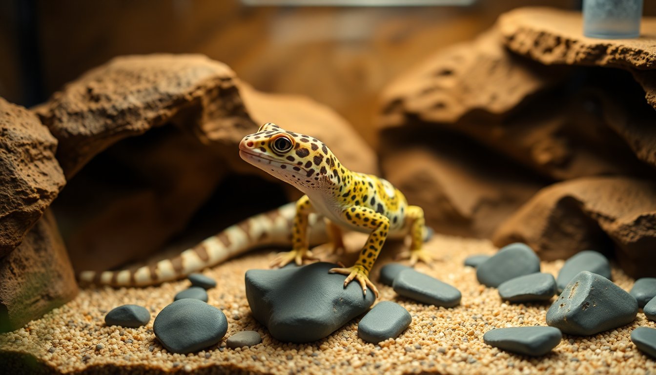 Terrarium aménagé pour un gecko léopard avec cachettes