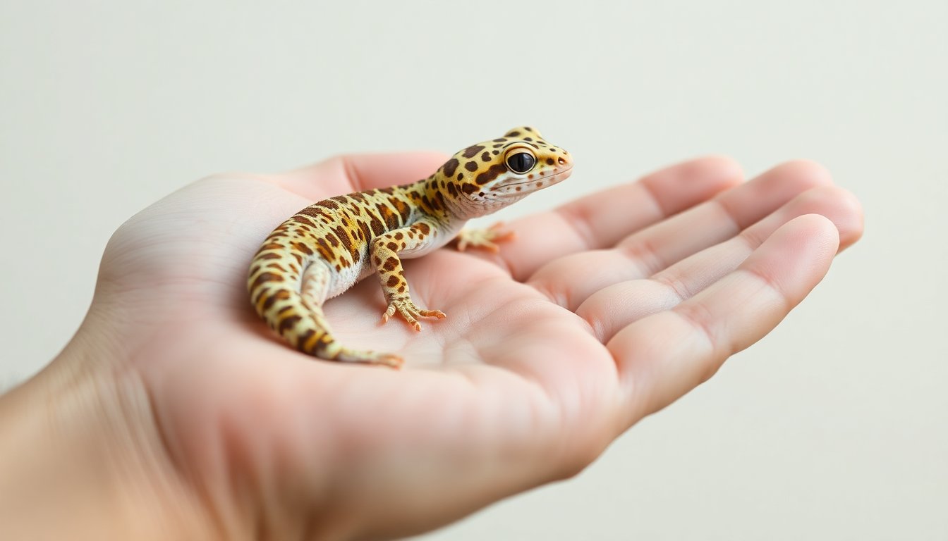 Gecko léopard manipulé délicatement dans une main