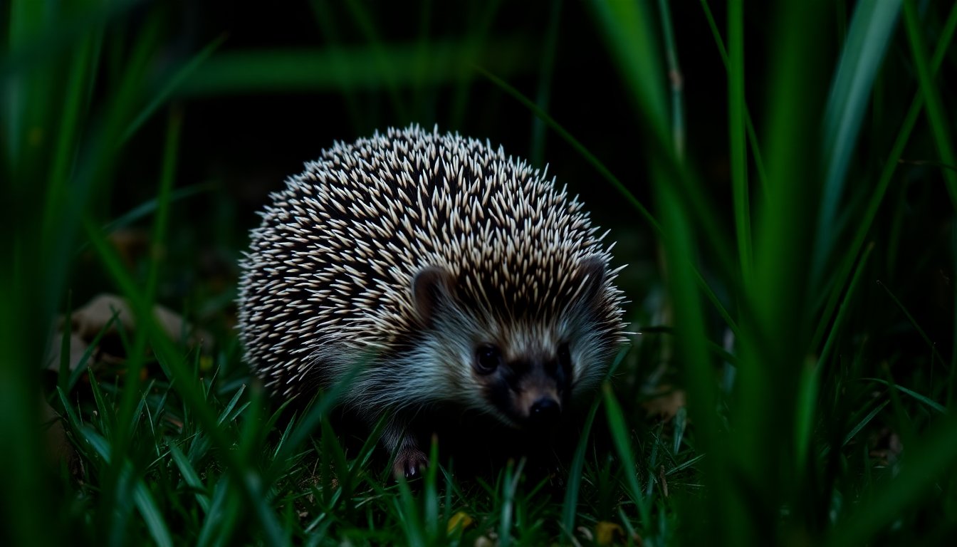 Hérisson traversant un jardin la nuit