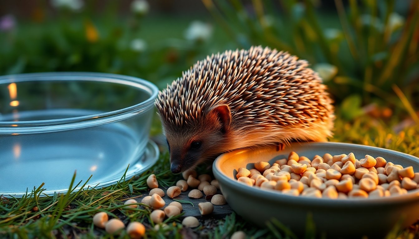 Hérisson mangeant des croquettes dans une gamelle de jardin
