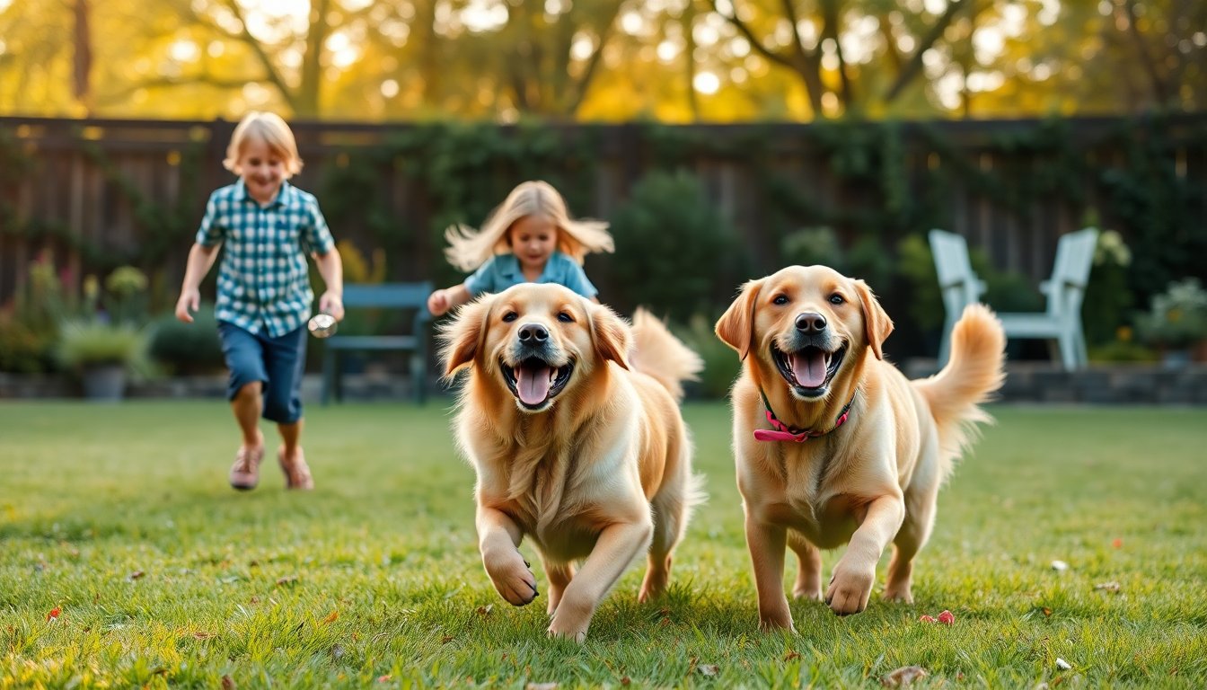 Golden Retriever et Labrador jouant ensemble dans un jardin