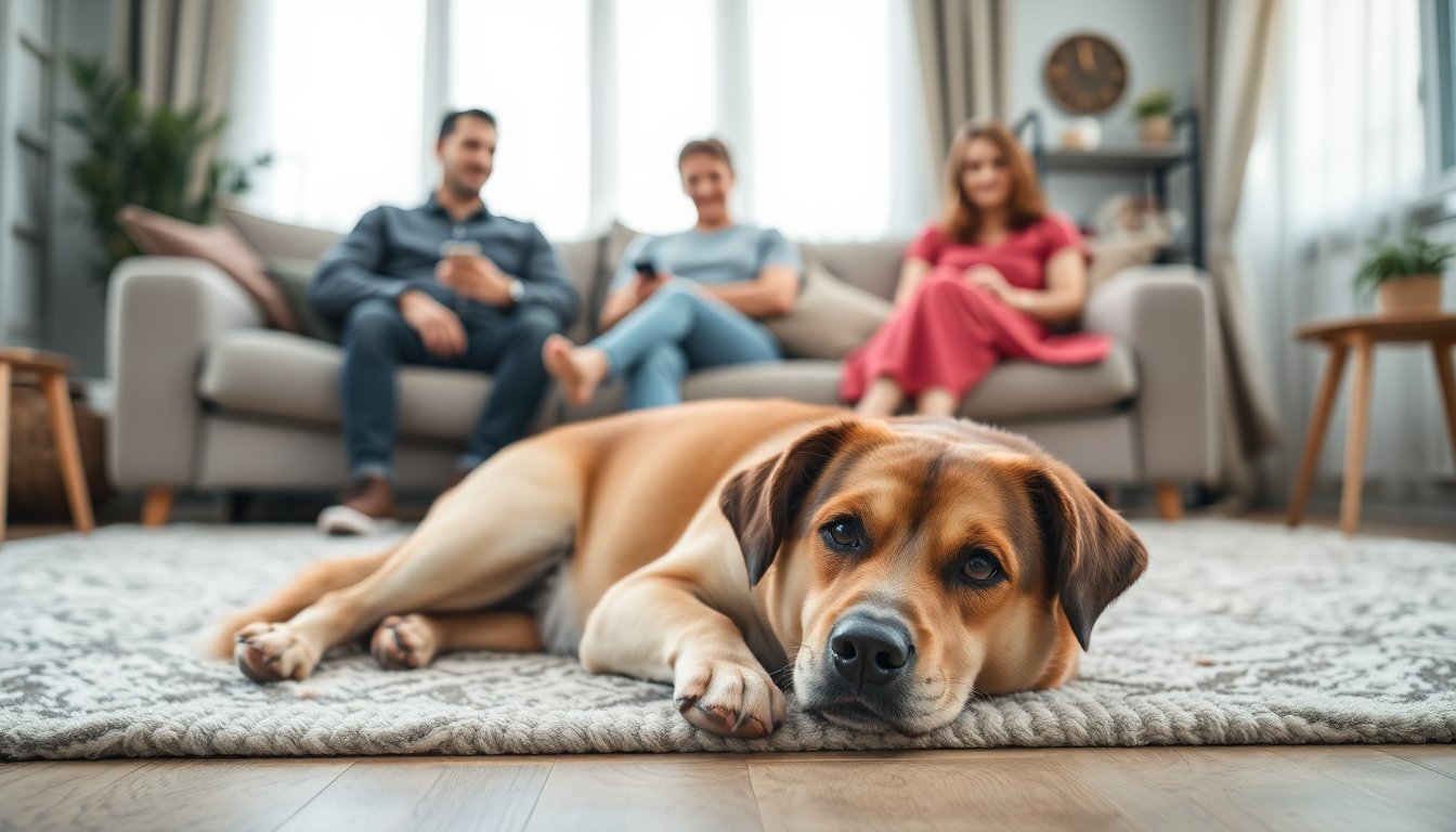 Chien de famille allongé dans un salon aux côtés de ses maîtres