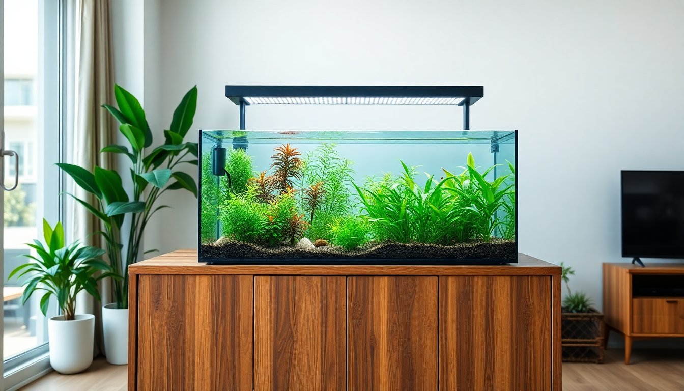 Aquarium planté de 60 litres installé dans un salon