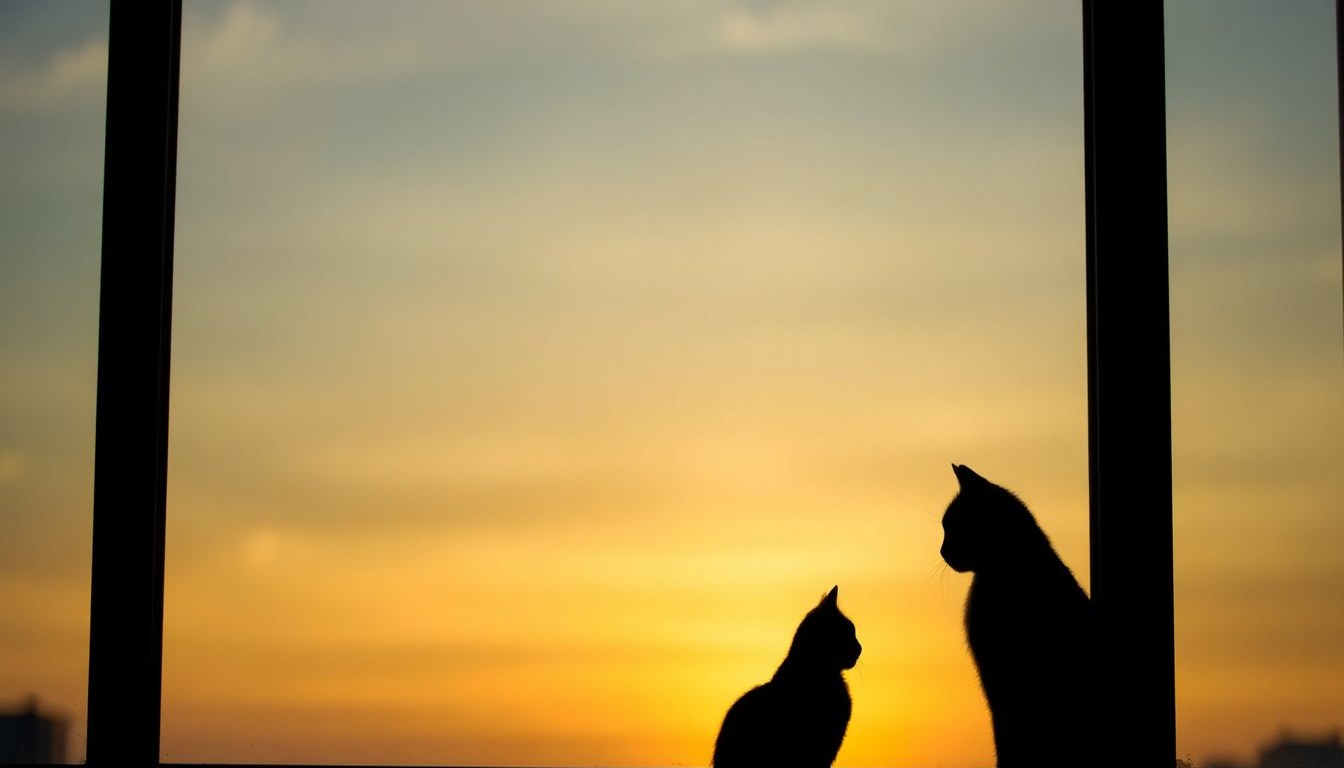 Silhouette d'un chat à la fenêtre au crépuscule