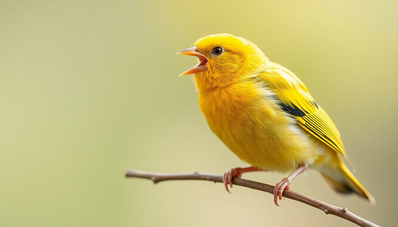 Canari jaune chantant perché sur une branche