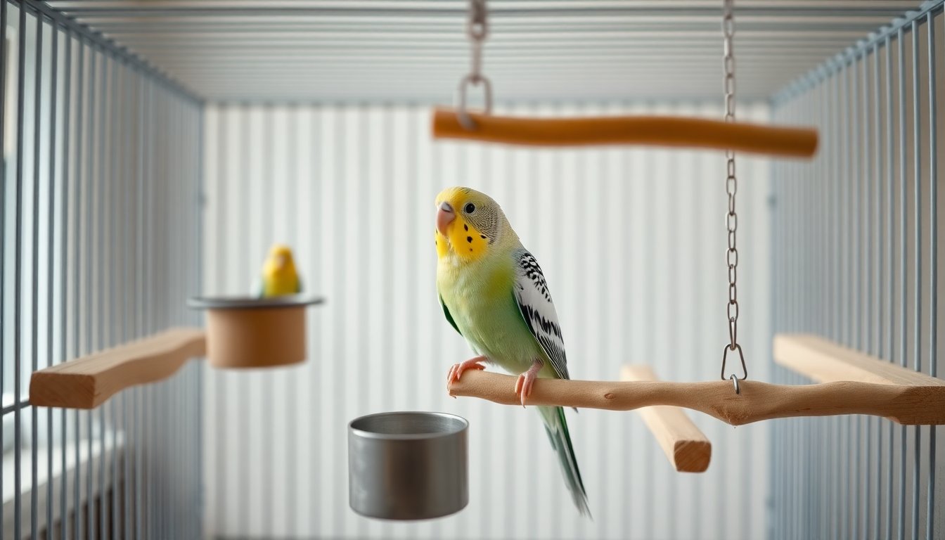 Perruches ondulées dans une cage spacieuse