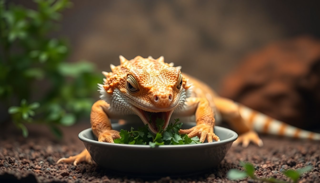 Pogona adulte mangeant des végétaux dans son terrarium