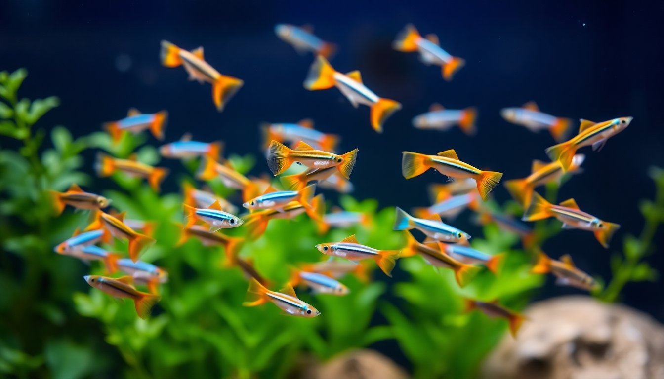 Banc de guppys colorés dans un aquarium planté