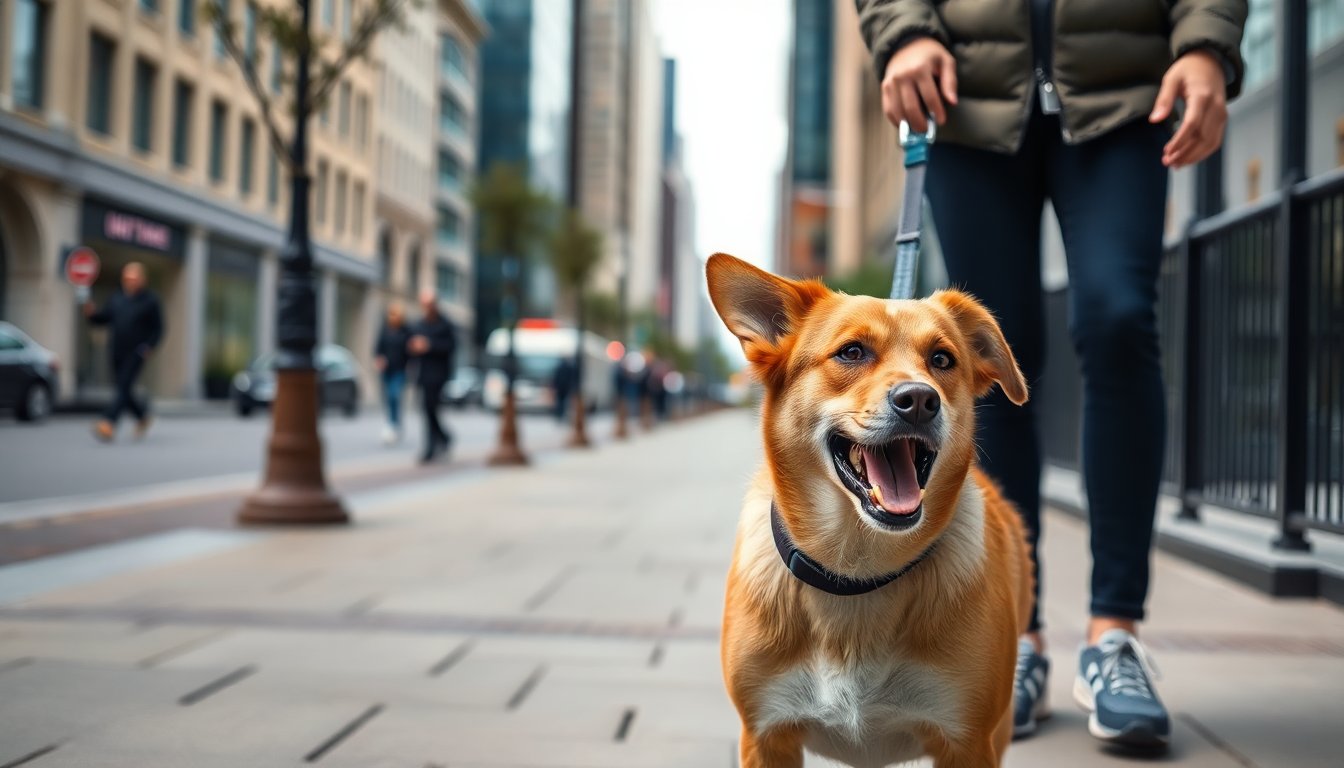 Chien en laisse aboyant pendant une promenade en ville