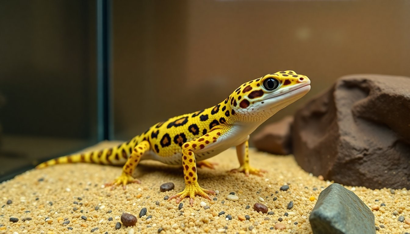 Gecko léopard dans son terrarium sur un substrat sableux