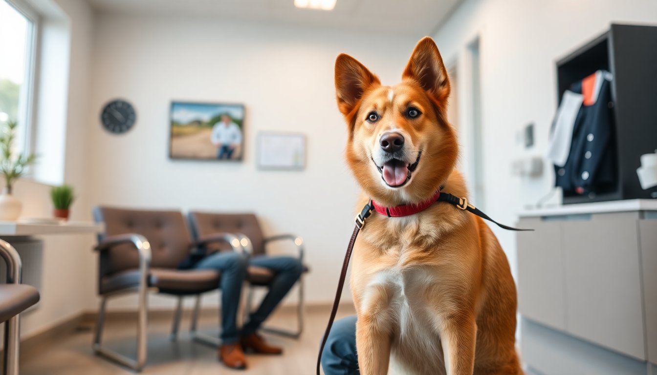 Salle d'attente d'un cabinet vétérinaire avec un chien