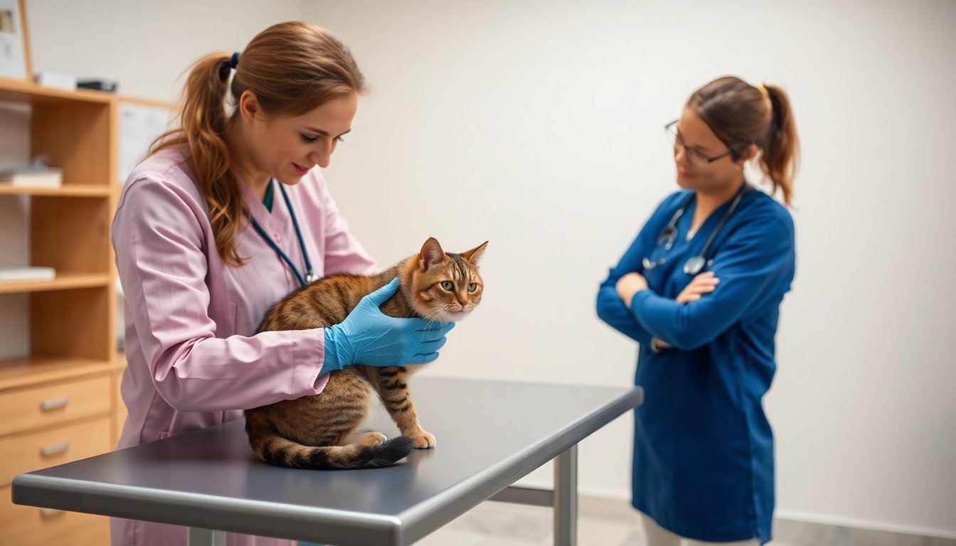Consultation vétérinaire pour un chat en présence de son propriétaire