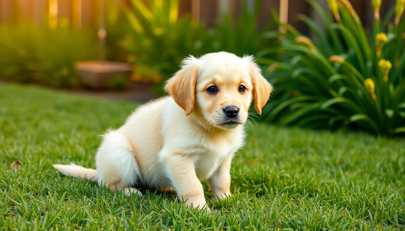 Chiot Golden Retriever assis dans l'herbe