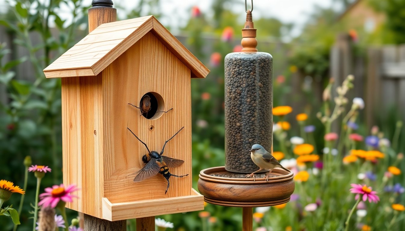 Hôtel à insectes et mangeoire dans un jardin favorable à la biodiversité