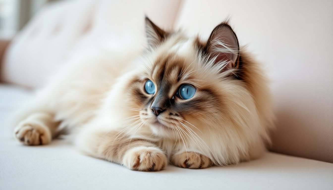 Chat Ragdoll aux yeux bleus allongé sur un canapé